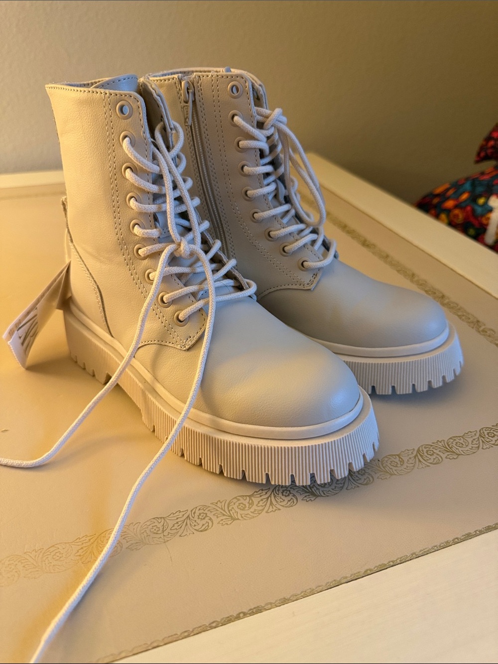 Zara Cream Lace-Up Platform Combat Boots for kids